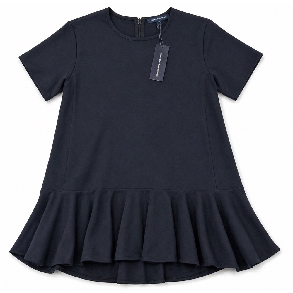 NWT French Connection Black Arrow Crepe Fluted Dress Size 6 Short Sleeve
